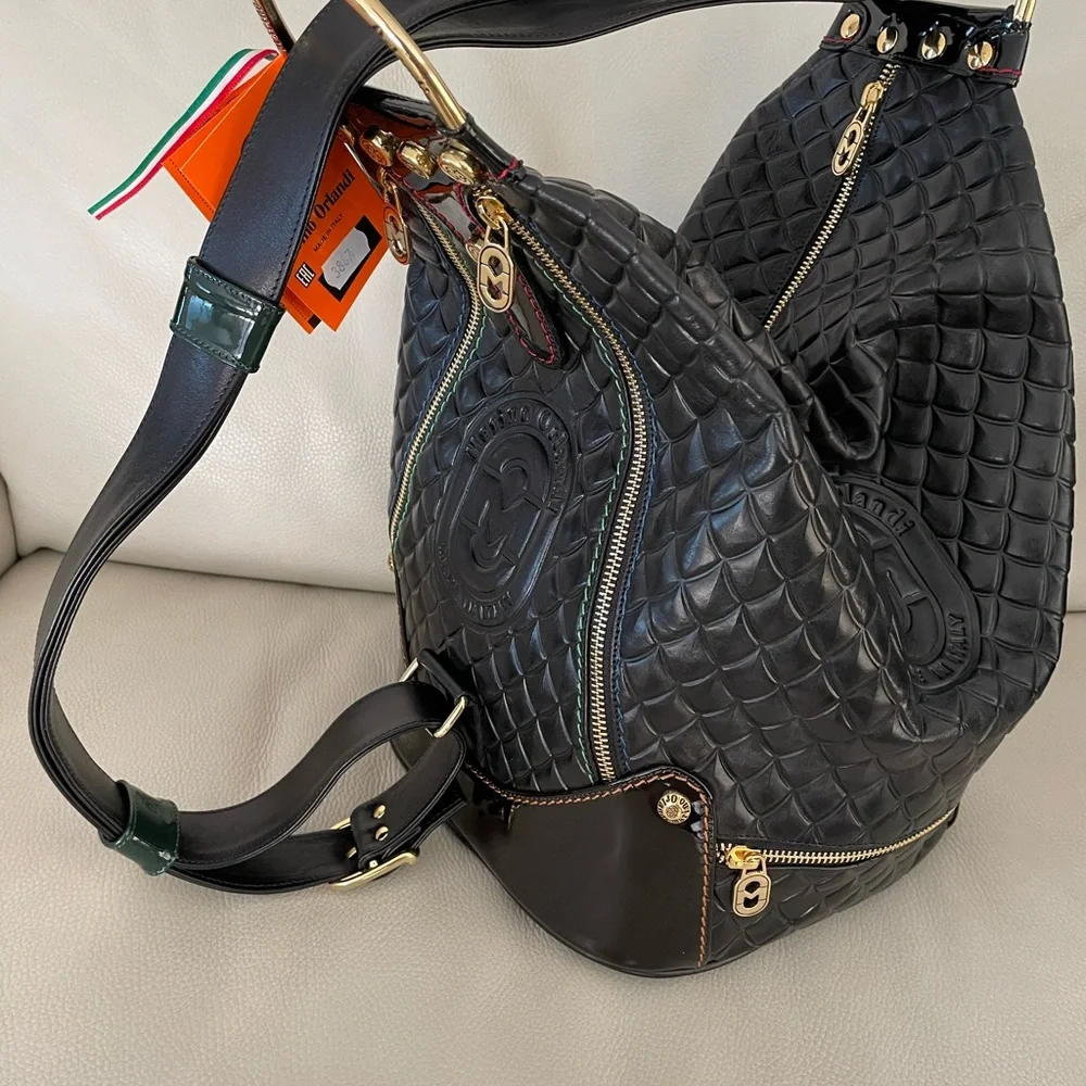 MARINO ORLANDI Italy XL BLACK ShoulderBag/Tote converts to Sling Emboss Leather - Picture 4 of 15
